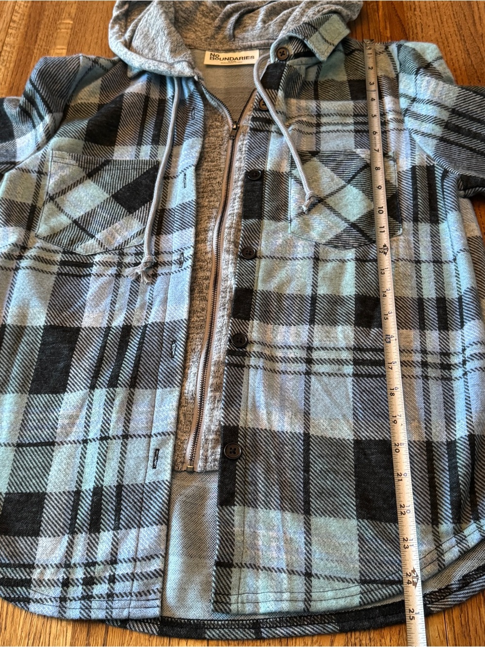 No Boundaries Layered Plaid Hooded Shacket | Blue & Black | Size M (8-10) - Picture 7 of 8